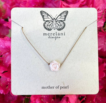 Mother of Pearl Pink Carved Flower Cord Necklace