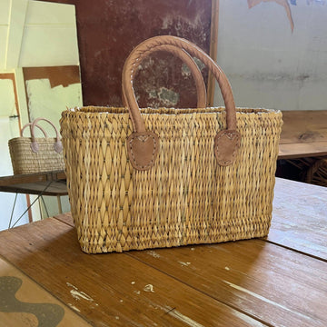 Small Woven Straw Tote Bag with Neutral Handles