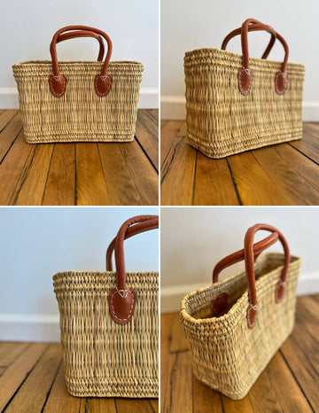 Small Woven Straw Gift Tote with Tobacco Brown Handles