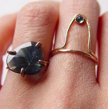 Blue Aquamarine Arched Long Triangle 14k Gold Filled V Ring