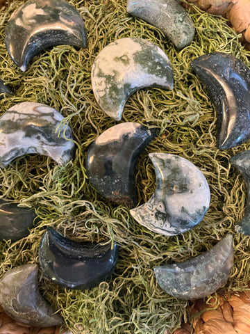 Natural Moss Agate Moon Crystal Carving