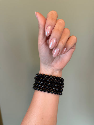 Black Onyx Gemstone Stretch Bracelet – Natural Polished Round Beads