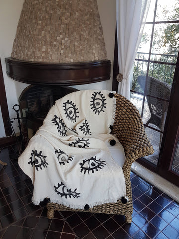 Black Evil Eye Turkish Cotton Throw Blanket