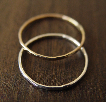 Hammered Wedding Band Gold Rings. Mixed Metal Stacking Rings