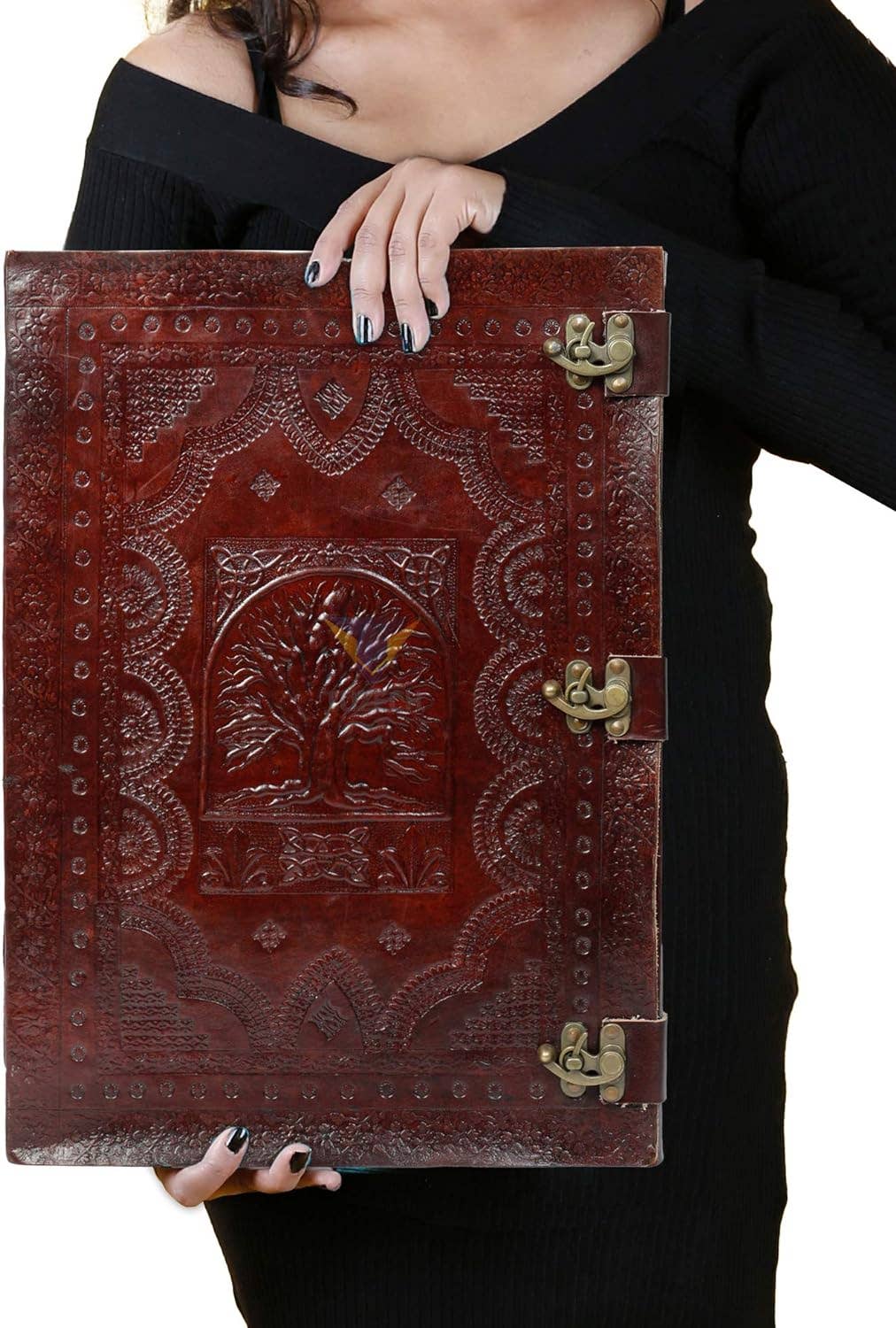 Tuzech Handmade Unique and Antique Notebook Diary for Men Women Nice Tree Embossed Design in Turquoise Color Brass Lock for Nice Closer Unlined Paper